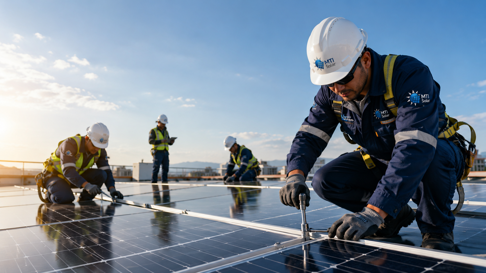 Trabajadores MTI Solar instalando placas solares en cubierta